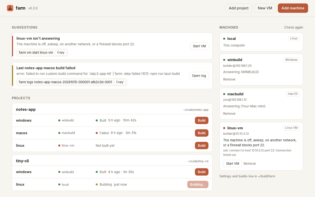 farm's app: suggestions, projects with build buttons, and the machines with their status